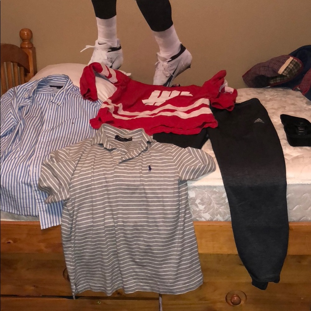 3 shirts. Brand new sweatpants. Watch